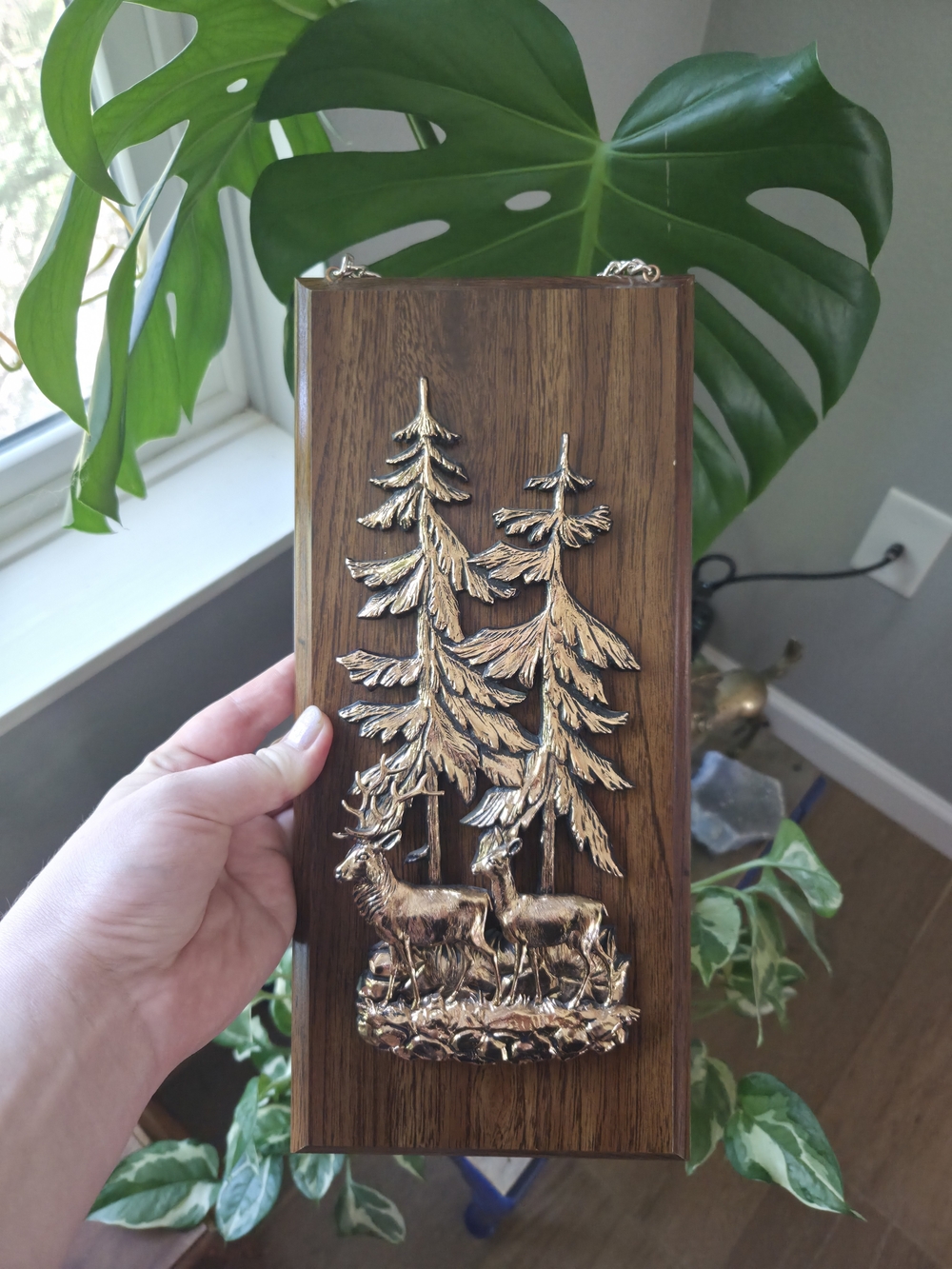 Wood Wall Plaque with Gold Deer and Trees